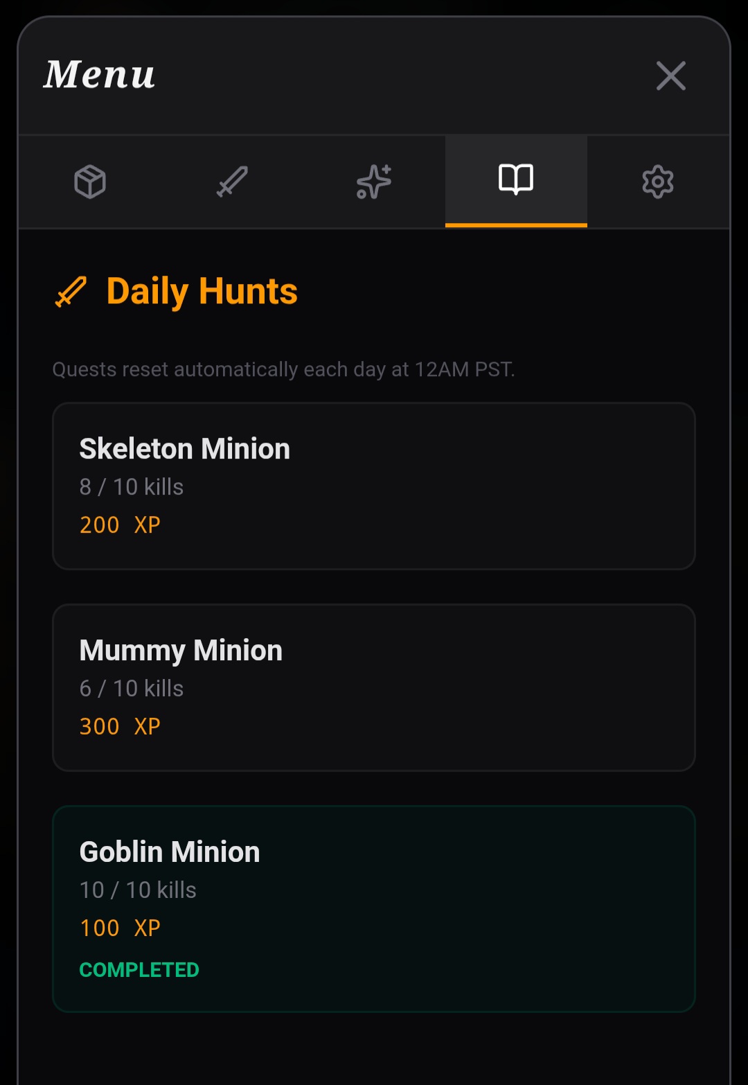 Daily Hunts quest log tracking Skeleton, Mummy, and Goblin minion kills for XP