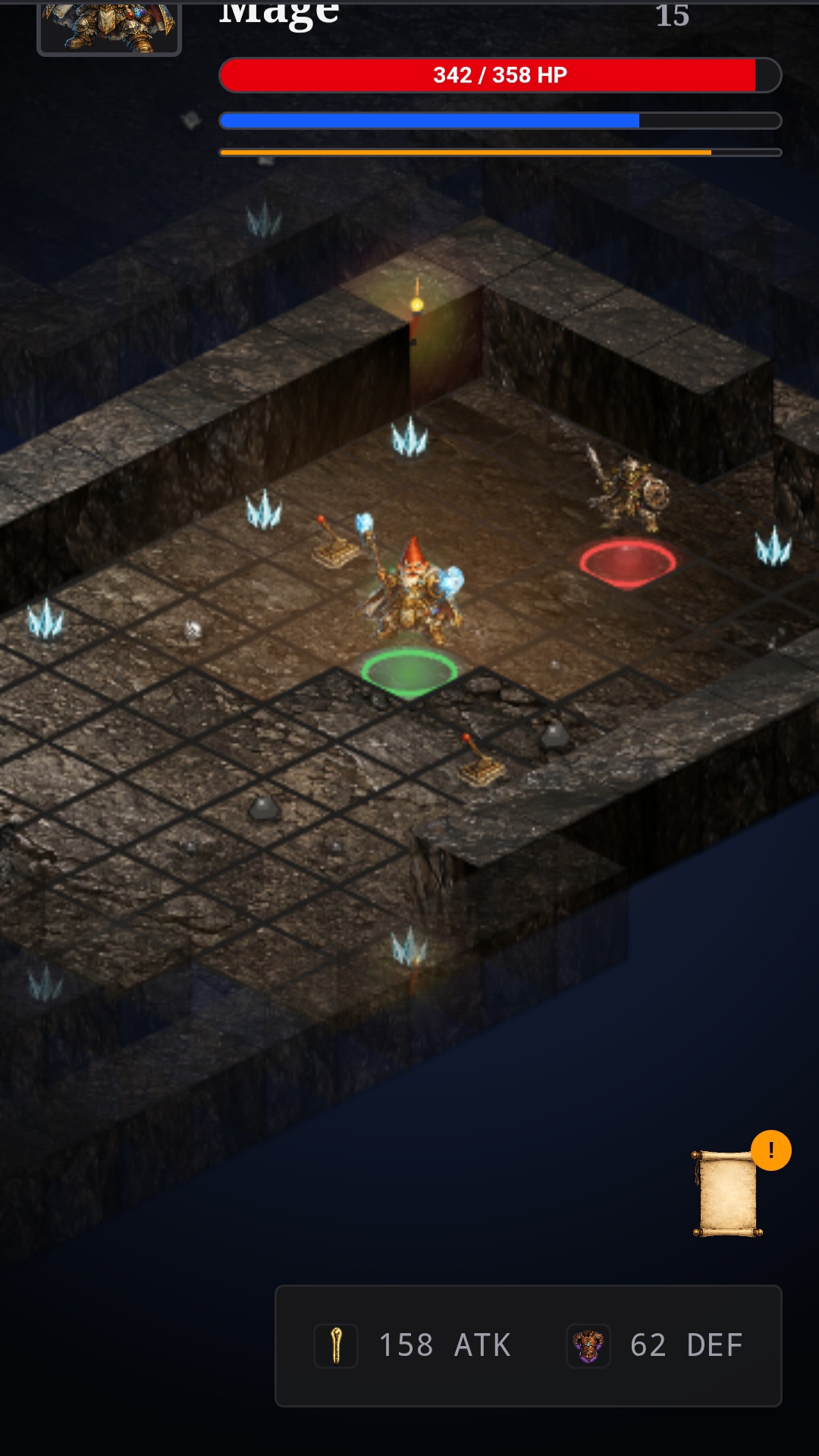 Gnome Mage squaring off against an armored skeleton across a stone dungeon room