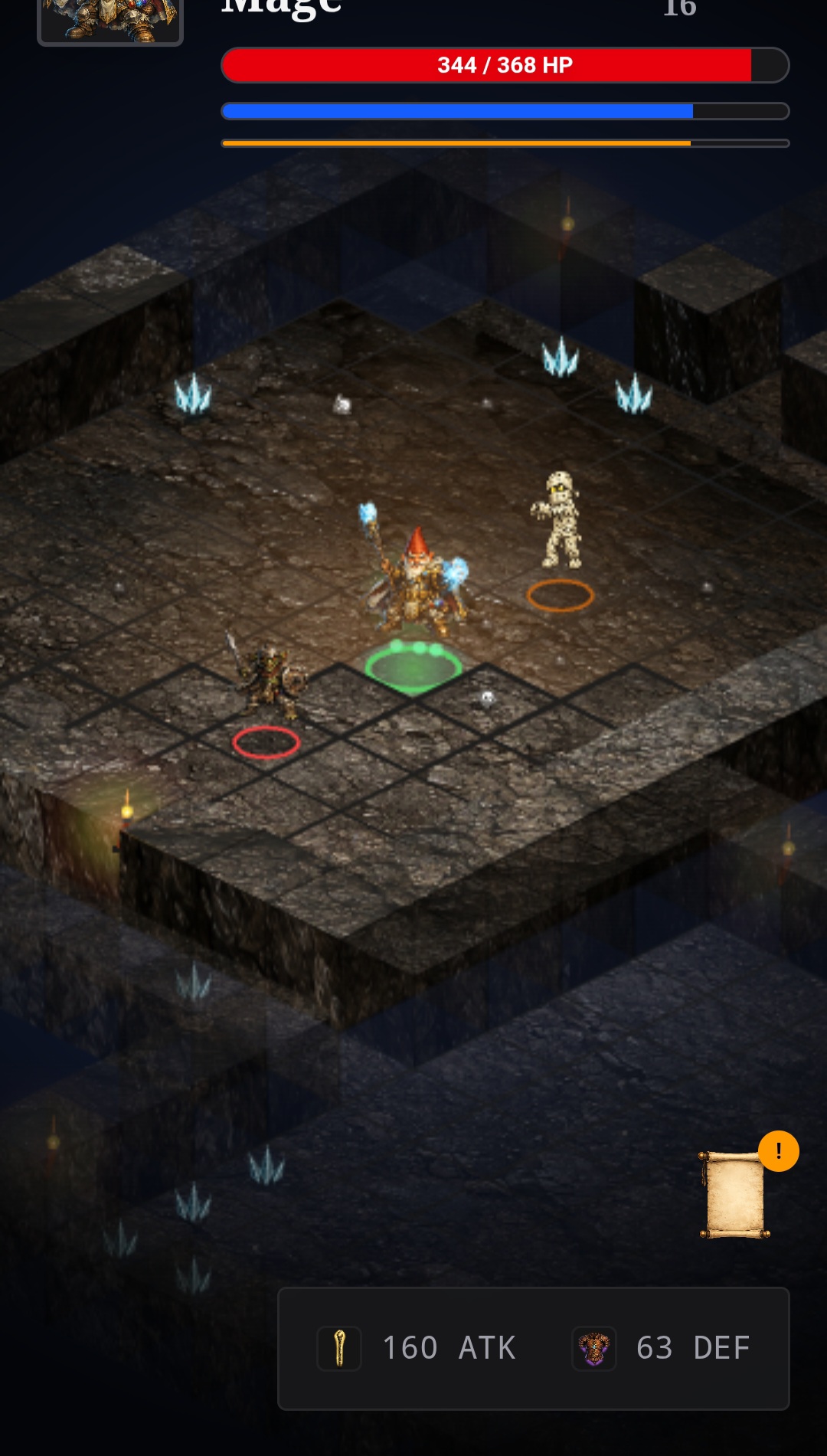 Gnome Mage battling a mummy and skeleton on a crumbling dungeon platform