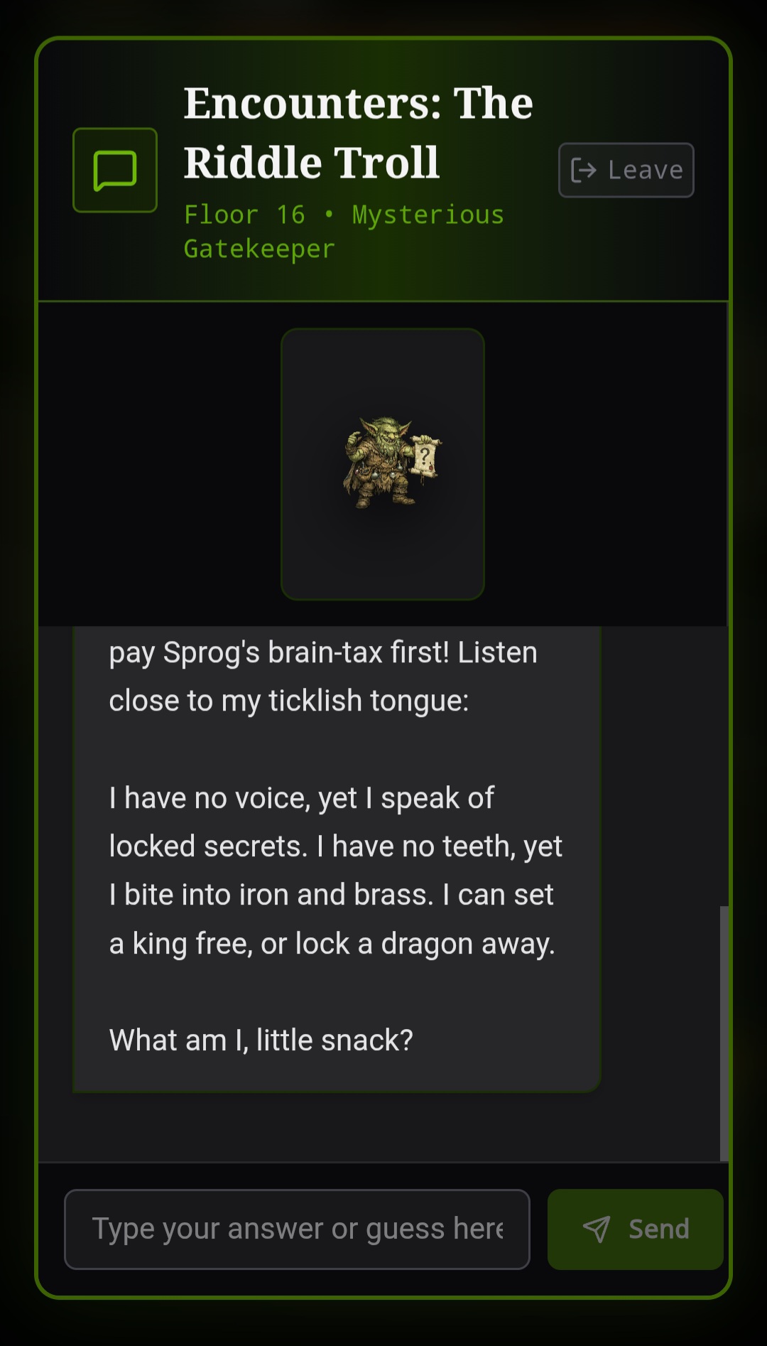 The Riddle Troll encounter posing a riddle to the player on Floor 16